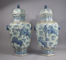 A Large Pair of Reproduction Chinese Blue and White Vases and Covers Decorated with Temple Lions,