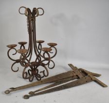 A Collection of Various Metalwares to Include Seven Branch Ceiling Hanging Candle Pricket Chandelier