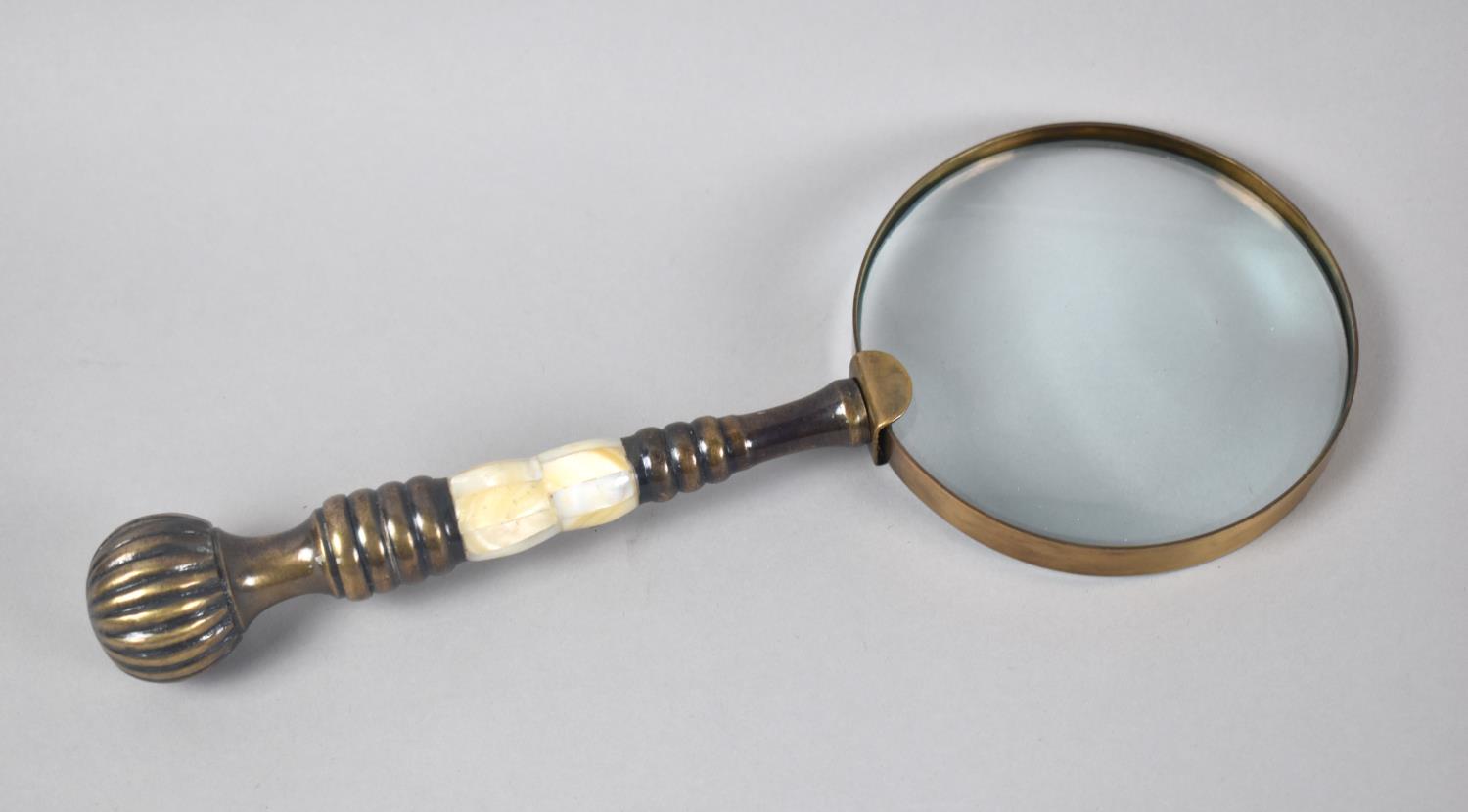 A Modern Brass and Mother of Pearl Desktop Magnifying Glass, 25.5cm Long