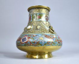 A Chinese Bronze and Champleve Enamel Vase with White Cabochons to Neck, One Ring Handle AF, 20cm