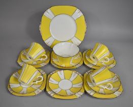 An Art Deco English China Yellow, Black and White Tea Set to Comprise Four Cups, Six Saucers, Six