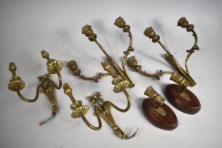 A Pair of Three Branch Brass Candle Sconces of Foliate Scrolled Form Together with a Pair of