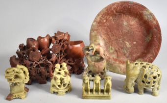 A Collection of Eight Pieces of Carved Oriental Soapstone to Include Animal Figures, Flowers and a