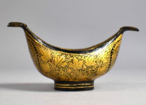 An Indian Papier Mache Boat Shaped Ashtray or Bowl with Brass Rests, 12.5cm Wide