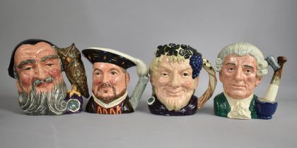 Four Royal Doulton Figures, Merlin D6529, Henry VIII D6642, Bacchus D6505 and Apothecary D6567