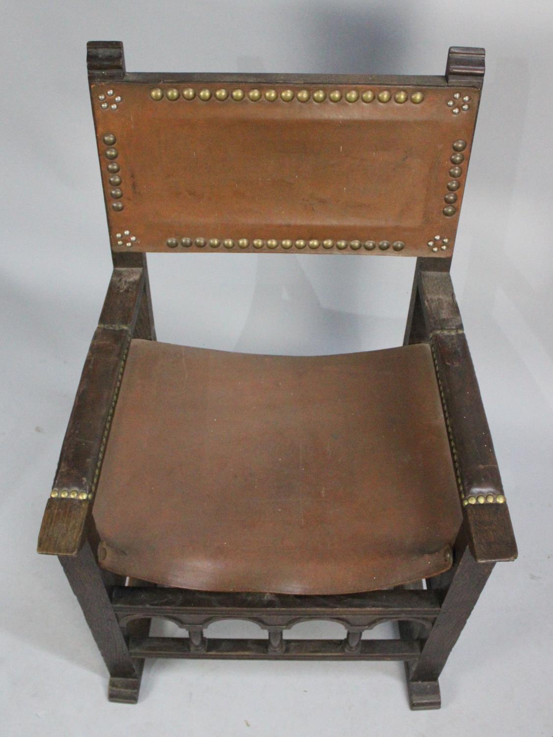 An Edwardian Oak Framed Armada Style Chair with Brass Studded Leather Arms and Back - Image 2 of 2