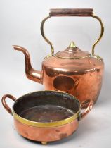 A Vintage Copper and Brass Kettle, Lid Finial AF Together with a Copper and Brass Two Handled Bowl