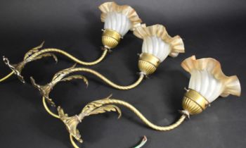Three Victorian Style Brass Single Arm Wall Light Sconces with Vaseline Glass Floral Shade and
