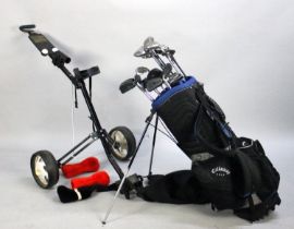 A Modern Callaway Golf Bag with Trolley Containing Various Modern Golf Clubs and Accessories