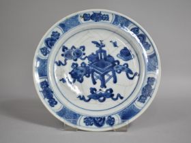 A Chinese Porcelain Blue and White Crackle Glazed Plate Decorated with Precious Objects, Scrolls