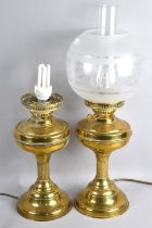 Two Brass Oil Lamps Converted To Electricity, Only One with Etched Glass Globe Shade and Chimney