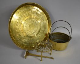 A Collection of Brass to Comprise Engraved Brass Charger with Lipped Rim, 42cm Diameter Together