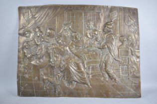 A Large Pressed Brass Rectangular Panel Depicting Entertainer at Feast, 67x50cm