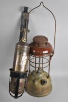 A Vintage Hurricane Lamp Together with a Vintage Quelfire Fire Extinguisher in Unrelated Stand