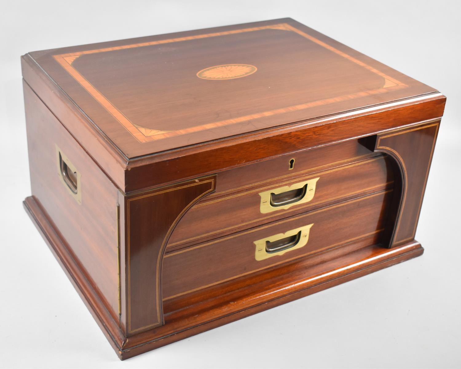 A Good Quality Inlaid Mahogany Canteen with Hinged Lid and Two Drawers, Recessed Brass Handles,