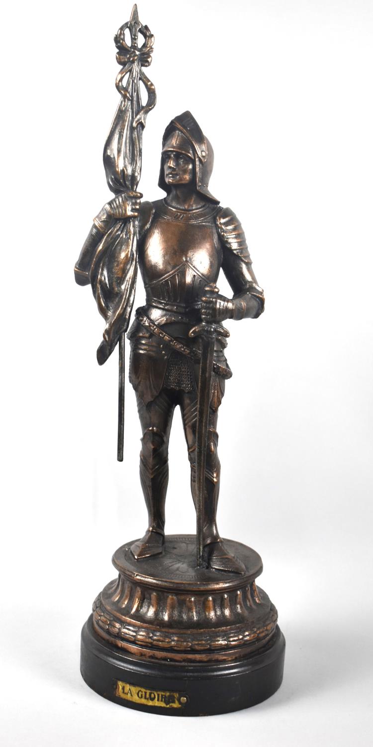An Early 20th Century French Bronze Effect Study of a Knight in Armour, "La Gloire", Turned Wooden
