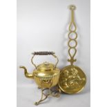 A Vintage Brass Spirit kettle on Stand, No Burner, Together with a Wall Hanging Circular Brass