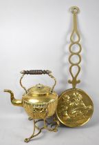 A Vintage Brass Spirit kettle on Stand, No Burner, Together with a Wall Hanging Circular Brass