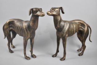 A Pair of Cast Metal Bronze Effect Greyhound Figures, the Dog 30cm High