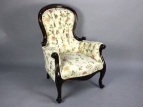 A Reproduction Victorian Style Mahogany Framed Balloon Back Ladies Armchair with Buttoned Upholstery