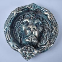 A Large Green Patinated Cast Metal Circular Lion Mask Door Knocker, 22cm Diameter, +VAT