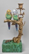 A Modern Bronze and Porcelain Candlestick in the Form of Budgerigars Perched on Tree Trunk, Faux