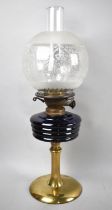 A Late Victorian/Edwardian Oil Lamp with Brass Support to Cobalt Blue Glass Reservoir, Complete with