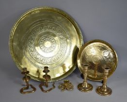 A Collection of Brass Ware to Comprise Large Charger with Lipped Rim and Engraved Decoration, a