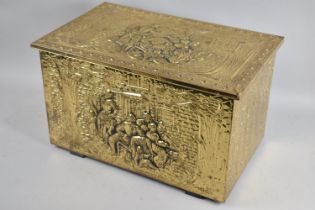 A Mid 20th Century Pressed Brass Slipper Box, the Lid and Front Pattern Decorated with Tavern