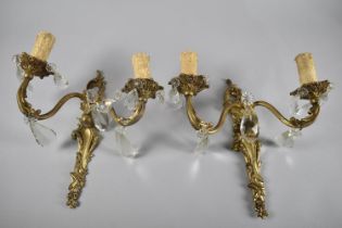 A Pair of French Ormolu and Crystal Two Branch Wall Light Fittings in the French Style, 33cm High