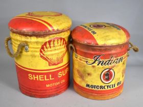 Two Novelty Stools in the Form of Shell Super Motor Oil and Indian Motorcycle Oil Tins, Pad Seats