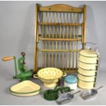 A Collection of Various Enamelled Kitchenalia Together with a Wooden Wall Hanging Plate Rack