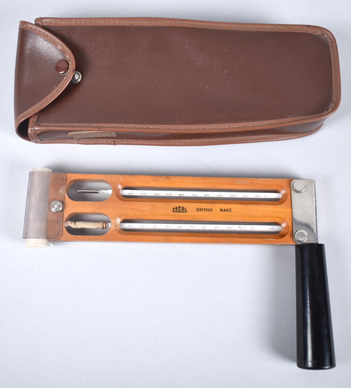 A Leather Cased Zecol Handheld Rotary Air Thermometer with Tubes for Fahrenheit and Centigrade