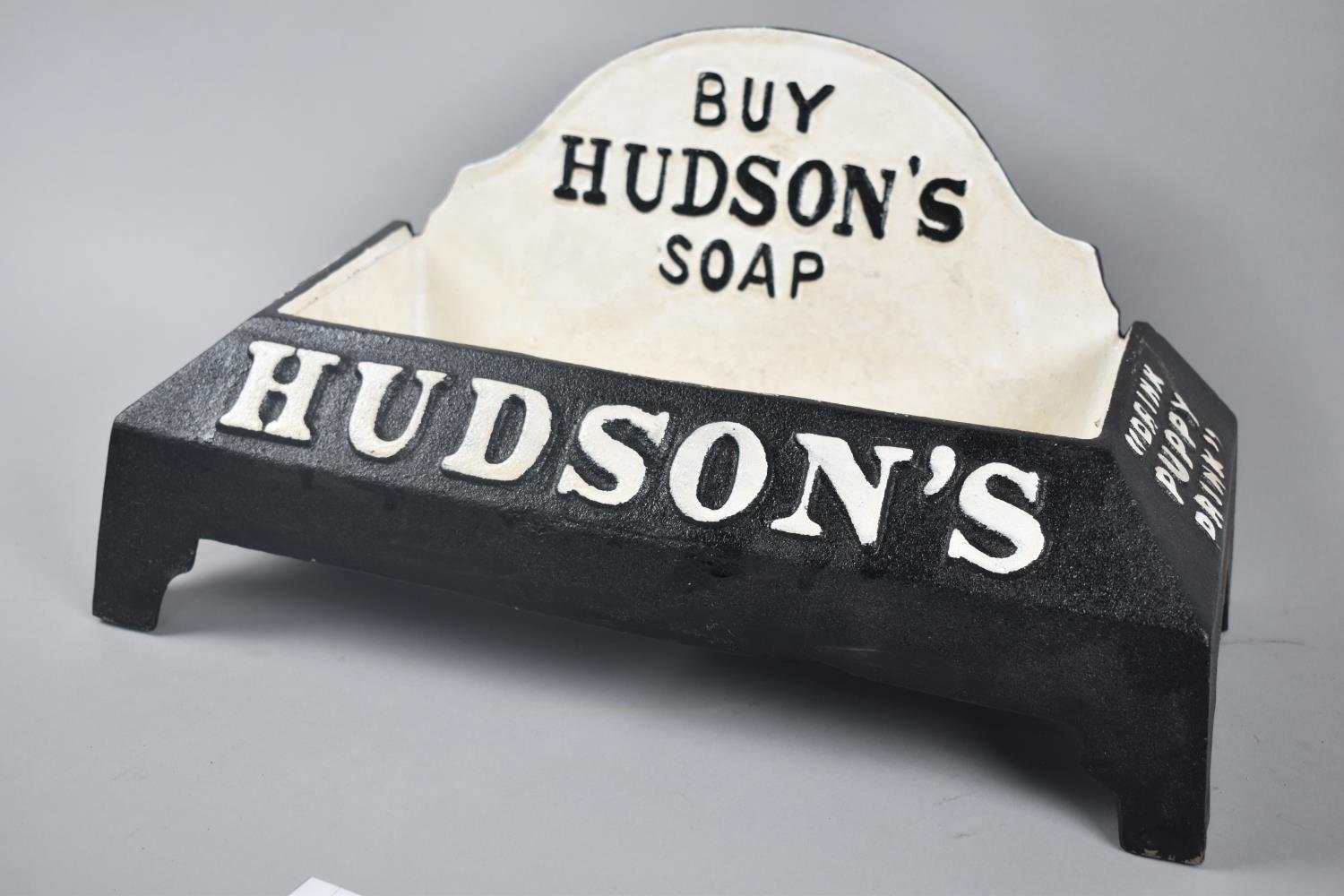 A Reproduction Cast Metal Hudson's Soap Water bowl, 'Drink Puppy Drink'. 40cm Wide +VAT