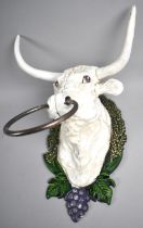 A Cold Painted Cast Metal Wall Hanging Ring Tie in the Form of a Longhorn Cow, 26cm High, +VAT