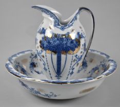 An Edwardian Blue, White and Gilt Decorated Toilet Jug and Bowl