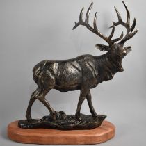 A Large Bronze Effect Cast Iron Study of a Stag, Mounted on Wooden Oval Plinth, 46cms High, Plus VAT