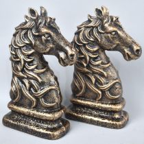 A Pair of Heavy Cast Metal Bronze Effect Bookends in the Form of Horses Heads, 23.5cms High, Plus