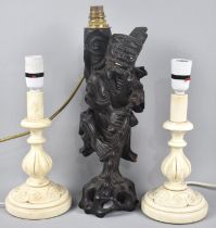 A Chinese Root Carved Figure of an Elder with Staff, Converted to table Lamp Base together with a