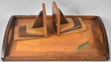 A Pair of Art Deco Mixed Wood Bookends together with an Art Deco Rectangular Tea Tray, 42cms Long