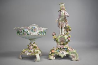A Part Porcelain Garniture to Comprise Pedestal Bowl of Oval Form Having Pierced Sides and Encrusted