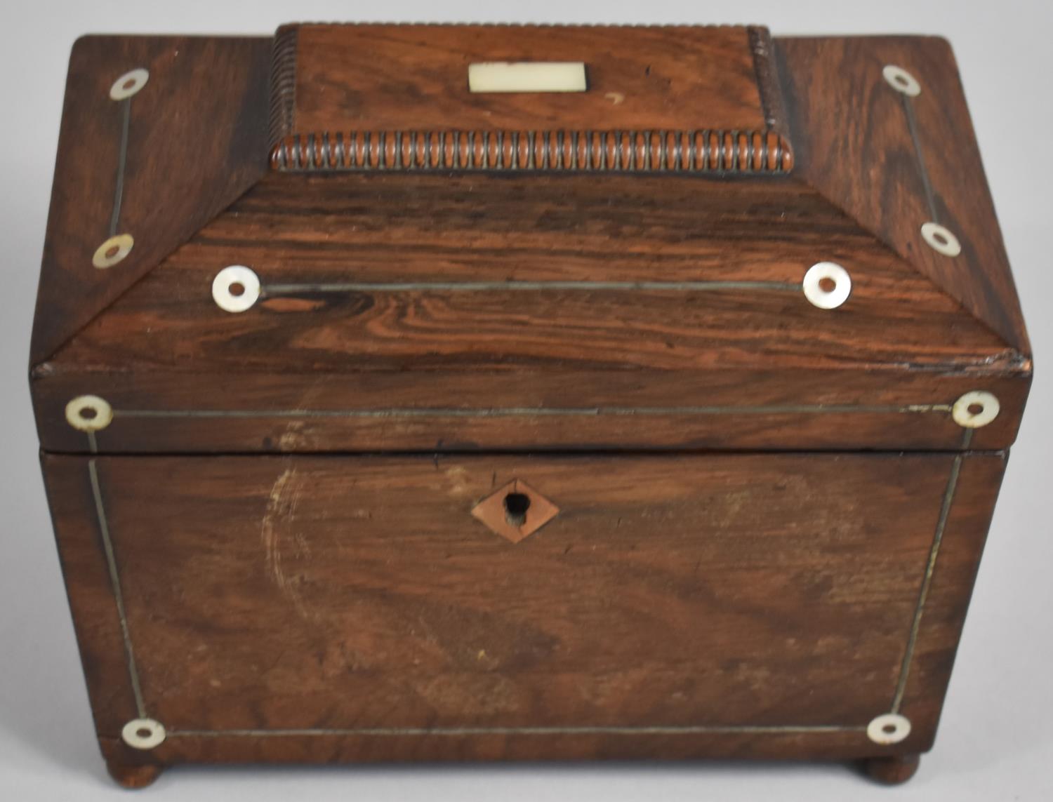 A 19th Century Rosewood Two Division Tea Caddy of Sarcophagus Form with Mother of Pearl Disc and - Image 2 of 3