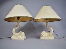 A Pair of Cream Painted Plaster Table Lamps in the Form of 19th Century Dolphins, With Shades,