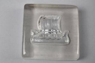 A Mid 20th Century Square Glass Paperweight Decorated with Viking Longship, 10cm Square