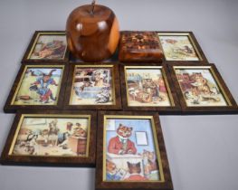A Treen Apple, Inlaid Treen Box and a Set of Six Miniature Louis Wain Prints