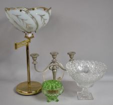 A Brass Table Uplighter, Three Branch Candelabra, Glass Bowl etc