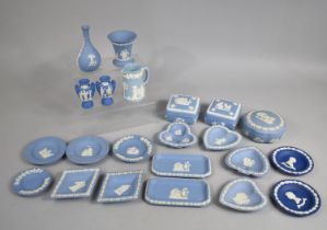 A Collection of Blue and White Jasperware to Comprise Wedgwood Lidded Boxes, Vases, Dishes etc