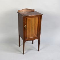 An Edwardian Mahogany Bedside Cupboard with Panelled Door to Shelved Interior and Raised Rear