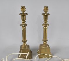A Pair of Brass Table Lamps in the Form of Candlesticks, No Shades, 36cms High