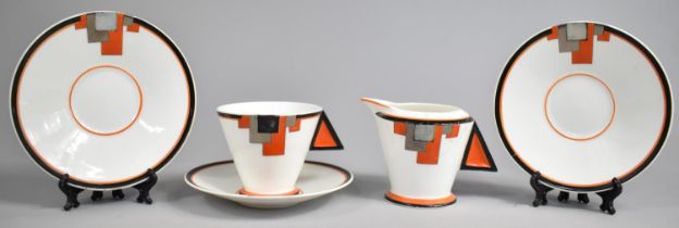 Five Pieces of Art Deco Shelley Vogue Pattern Teawares to Comprise Three Saucers, Cup and Milk